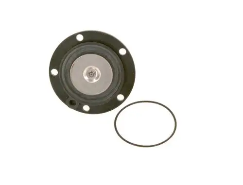 BOSCH Schaltventil mit runder Metallfläche und Gummidichtung, daneben liegt ein schwarzes O-Ring. Ventil mit mehreren Montagebohrungen für eine sichere Befestigung.